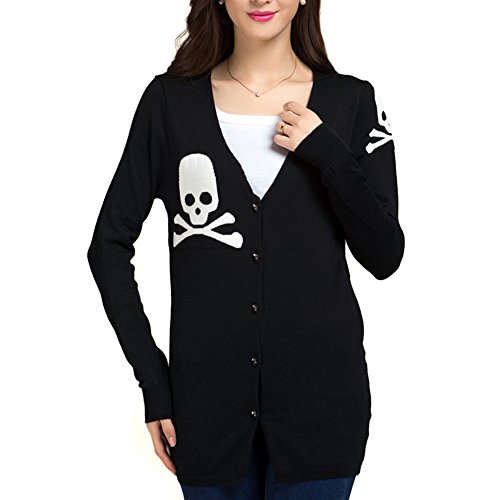 LOCOMO Black Knit Skull Bone Skeleton Pattern Long Sleeve Cardigan FFJ029BLK