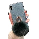 Misstars Flauschige Ball Hülle für Samsung Galaxy J4 Plus 2018, Ultra Dünn Transparent Weiche TPU Silikon + Glitzer Blau Papier Hybrid 2 in 1 Design Bling Schutzhülle mit Ring Ständer by 