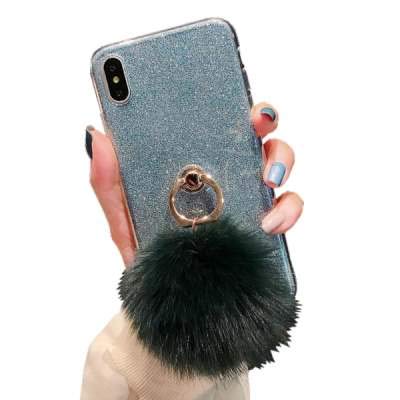 Misstars Flauschige Ball Hülle für Samsung Galaxy J4 Plus 2018, Ultra Dünn Transparent Weiche TPU Silikon + Glitzer Blau Papier Hybrid 2 in 1 Design Bling Schutzhülle mit Ring Ständer
