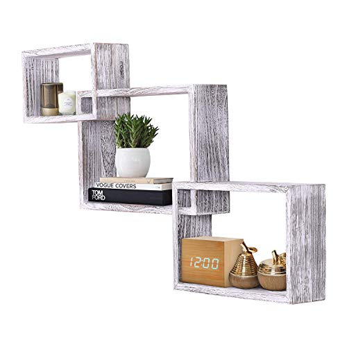 Tablettes murales rustiques carrées en forme de tablettes flottantes - Lot de 3 - Vis et ancrages inclus - Tablettes en bois pour chambre à coucher- Décor rustique mural de la grange - Blanc rustique