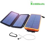 Batterie Externe 24000mAh Chargeur Solaire, Power Bank Solaire- 2 Entrées(3 Panneaux Solaire et USB) 2 Sortie Ports USB 2.1A, Lampe LED et un Crochet, Compatible avec iPhone, iPad, Samsung et autres