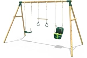 Rebo® Children's Wooden Garden Swing Set - Galaxy | OutdoorToys | Pressure Treated Timber, Soft Feel Ropes, Wooden Trapeze Bar, Sturdy Construction for Kids