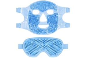 Migän mask set, kylande gel ögonmask och kylmask ansikte, återanvändbar kall varm kompress mot huvudvärk, svullnad och trötta ögon, med justerbart band