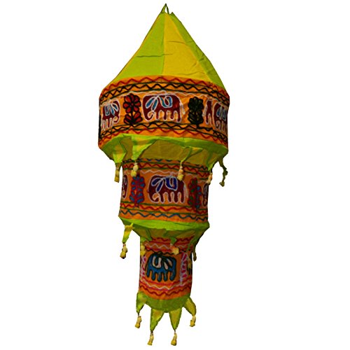 Indischer Lampenschirm Elefant Blume 75cm grün gelb Baumwolle Dekolampe Orient Hängelampe