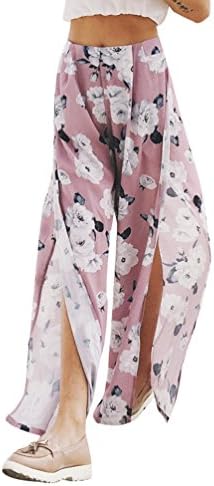 YouPue Women Side Split Pants Elastic Waist Line With Printed Wide Leg Pants Summer Beach Trousers