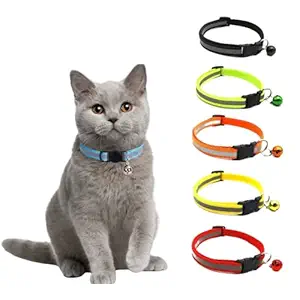 Buraq 2 Pcs Reflective Cat Collar , Solid & Safe Collars for Cats , Adjustable Collar with Bell , Soft Neck Belt for Kitten & Adult Cat , Colour May Vary