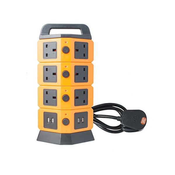 sourcingmap® Tower Power Strip 2500W Smart Socket Surge Protector 10 UK Socket 4 USB Charging Station 6.5ft Extension Cord Orange
