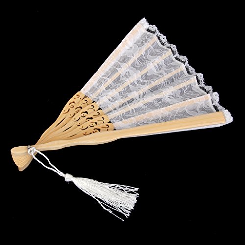 MagiDeal Retro Spitzen Faltfächer Fächer Handfächer Weiß+Chinesische Seide Schutzbeutel Tasche Rosa - 4