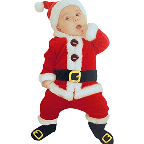 IMJONO Garçon Ensemble, Bébé Filles Santa Christmas Hauts Pantalons Chapeau Chaussettes Tenue de Costume Infantile (0-6 Mois, Rouge)