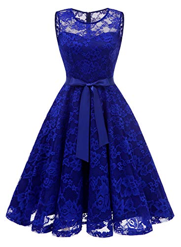 MuaDress Robe de Soirée Longue pour Mariage Style Vintage Rockabilly Robe Femme Chic été sans Manches en Dentelle 6016Royalblue L