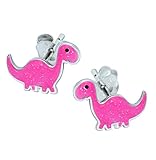 Orecchini rosa con glitter a forma di dinosauro - Argento Sterling.