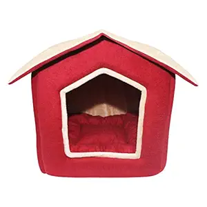 Hiputee Foldable Velvet Fabric Dual Color House/Hut for Dogs & Cats Length 50 cm Width 54 cm Height 53 cm (L, Red-Cream)