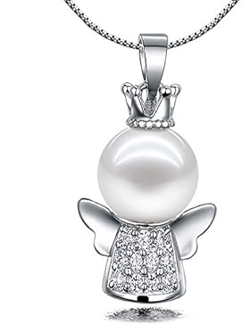 findout 925 Sterling Silber / Rose Vergoldet Zirkonia crown angel Perle 9-10 mm Anhänger Halskette .für Frauen...