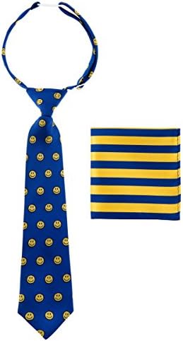 Canacana Smiley Emoji Woven Microfiber Pre-tied Boy's Tie with Stripes Pocket Square Gift Box Set - Blue and Yellow - 8 - 10 years