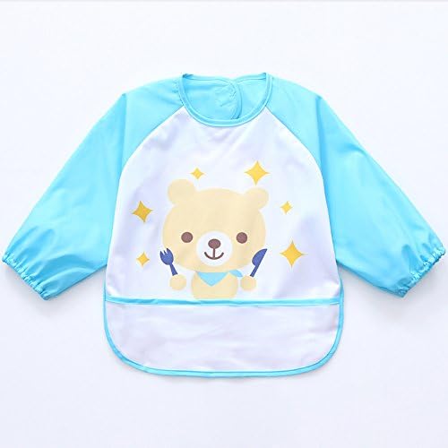 sohv Unisex Kids Childs Arts Craft Painting Apron Baby Waterproof Bib with Sleeves and Pocket Red, 6-36 Months, B Pale Blue Teddy Bear, Set of 1