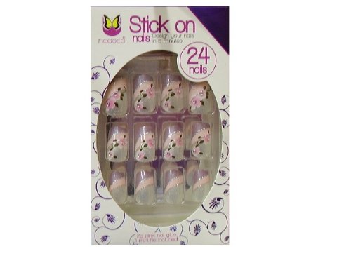 Nadeco Designed Lilac/Pink Diagonal Print & Crystals Full Cover False Nails 24