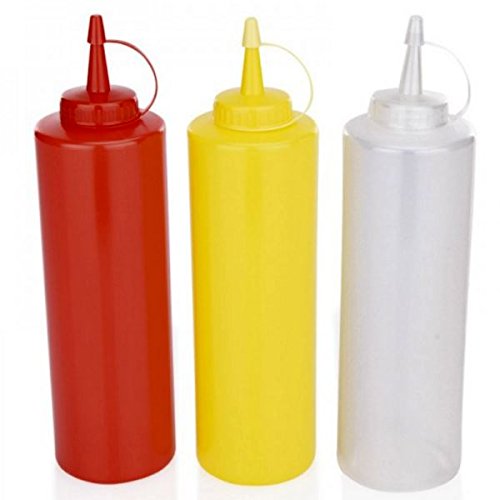 Viva Haushaltswaren – 3 x Quetschflasche 0,7 L Set, Gastro Dosierflaschen leer für Ketchup / Mayonnaise / Senf, BPA frei, BBQ & Küchen Squeeze Flasche aus Kunststoff, rot / gelb / weiß, inkl. Trichter - 2