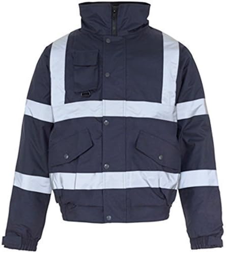 Hi Viz Bomber Reflective Tape Waterproof Quilted Work Jacket Coat High Vis Safety Workwear Security Road Works Concealed Hood Fluorescent Flashing Navy 3XLarge