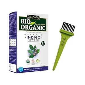 INDUS VALLEY BIO Organic Indigo Powder (Indigofera Tinctoria) with Color Recipe Book and an Applicator Brush Kit (100g) - Black