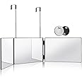 HIEEY 3 Way Mirror for Hair Cutting,360 Trifold Mirror with Height Adjustable Telescoping Hooks,and 5X Magnification Mirror,for Makeup, Hair Styling