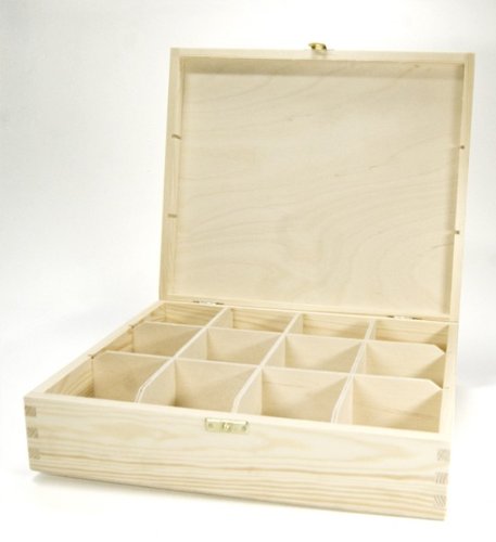 Teekiste, Teebox, Teebeutel-Box Holz, 12 Fächer, Kiefer unbehandelt