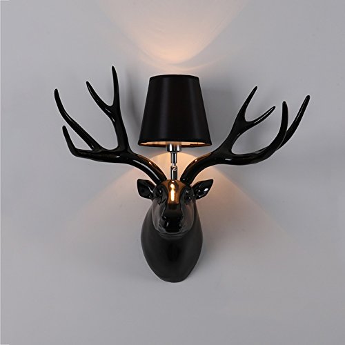 American Village Matte Black Resin Deer Head Horn Wall Lamp Creative Bedroom Aisle Living Room High Quality Gold / Silver Plating Wall Light (with Shade) 50CM * 48CM ( Color : Black )