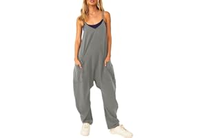 Litthing Salopette Femme Jambe Large Combinaison Pantalon Décontracté Avec Poches Ample Taille Fermeture Éclair Jumpsuit Bretelles Fines Grand Baggy Doux Confort Bodycon