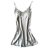 NPRADLA 2019 Frühling Sommer Shirt Damen Nighte Kleid Plus Size Lace Bow Dessous Babydoll Nachtwäsche Sleepskirt(Grau,S/34)