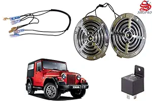 SHOP4U Supersonic Silver Grill Horn for Mahindra Thar (Free Relay and Wire, Set of 2, Chrome)