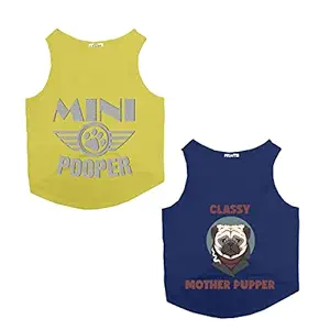 Ruse Pet Set of 2 Mini Pooper & Classy Mother Pupper Round Neck Sleeveless Dog Vest Tank T-Shirt Combo/Tees Apparel/Clothes/Tees Gift for Dogs(Yellow/Navy) Medium