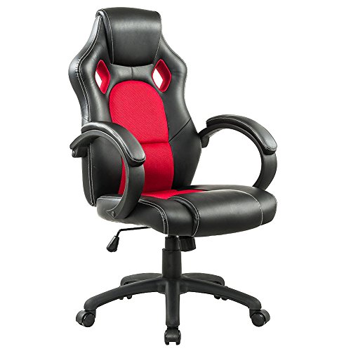 IWMH Racing Chaise Moderne Confortable Ergonomique De Bureau En Similicuir PU Haute Dossier Siège Baquet Fauteuil Sport Gaming Pivotant Pour Gamer Joueur Ordinateur, Noir Et Rouge