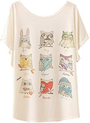 YICHUN Women Girls T-Shirt Thin Tops White Batwing Sleeve Tees Casual Tunic Blouse Printed Cami (Owls 11#)