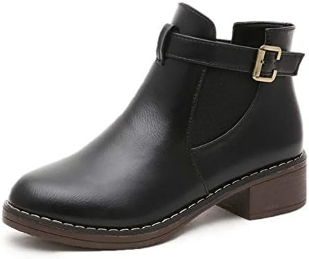 Dniu Women's Ankle Boots,Leather Block Heel Boots with Buckle Straps(Black,6.5 UK)