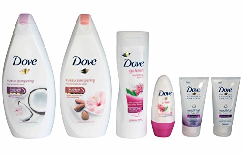 Dove Pink Bath & Body Bundle – 6 Items – 2x Body Wash + Lotion + Anti-Perspirant + Shampoo + Conditioner