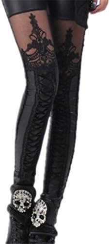 Punk Gothic PU Tights, Leather Pants Stitching Women's Fashion Hollow Yarn Tights, Sexy Tights Picture Color One Size