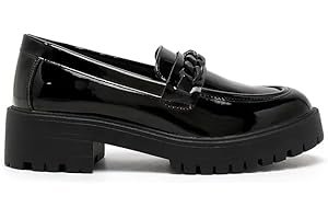 GOLDEN BEADS Girls' Black Patent School Loafers – Comfy & Anti-Slip on Uniform Dress Shoes with Stylish Chain Detail fit Size 3-8 UK
