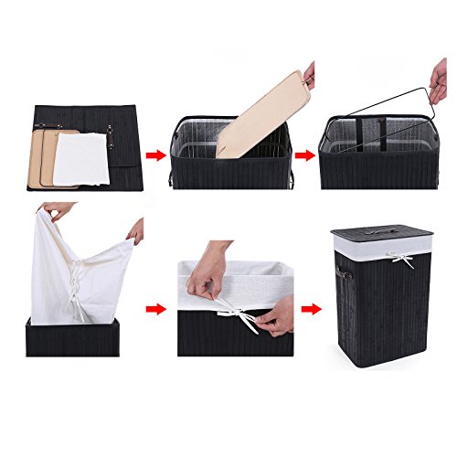 Songmics 3 Griffe Faltbar Bambus Wäschekörbe Wäschebox Wäschetruhe Wäschesammler Wäschetonne Wäschewagen Schwarz Eckig LCB10H - 6
