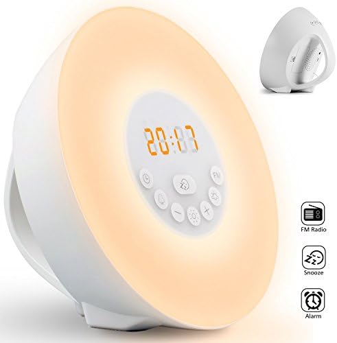 Alarm Clock Wake-Up Light**Upgraded**, Hotweild 7 Colors Bedside Wake-Up Light FM Radio LED Display Touch Control Electronic Alarm Clock[Snooze Mode and 6 Natural Sounds ] with Sunrise Sunset Simulator Mode
