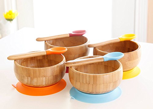 Baby Suction Bowls and Matching Spoon Set, Suction Stay Put Feeding Bowl, Natural Bamboo