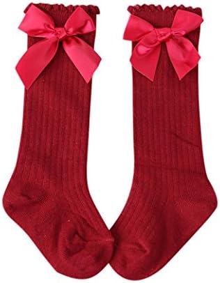 Vennisa Baby Toddlers Girls Bowknot Knee High Soft Cotton Socks Princess Lace Tight Socksfor 0-4 years old Baby (0-2 years, Red)