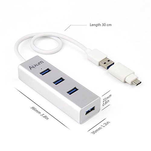 alxum Premium 4 Ports Unibody-Aluminium USB 3.0 Daten Hub mit Typ C Adapter Konverter, 1 ft Kabel Für MacBook, iMac, Macbook Pro Air, Mac mini, Oberfläche Pro Book, Lenovo Yoga und jeden PC (Silber) - 3