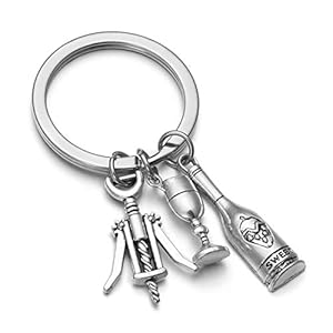 JSDDE Unique Alloy Keychain Silver Keyring with Wine Wine Glass Corkscrew Charm