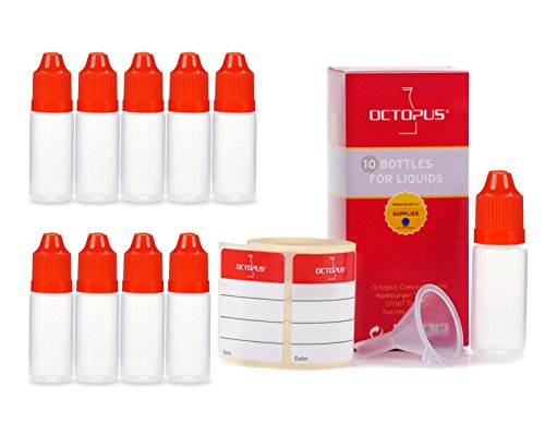 10 x 10 ml Octopus Tropfflaschen, zur Dosierung von Flüssigkeiten, E-Liquids, Augentropfen, leere LDPE Kunststoffflaschen transparent, Plastikflaschen mit rotem Tropfverschlüssen, mit Kindersicherung, inkl. 10 Beschriftungsetiketten