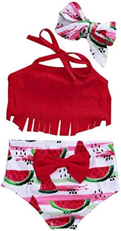 Summer Baby Girls Tassel Halter Crop Tops+Watermelon Bowknot Bikini Swimsuit