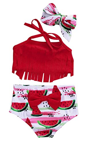 Summer Baby Girls Tassel Halter Crop Tops+Watermelon Bowknot Bikini Swimsuit