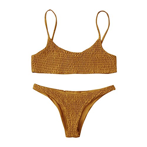 ZAFUL Women's Sexy Bathing Suit Solid Color Halter Shirred Bikini Swimsuit