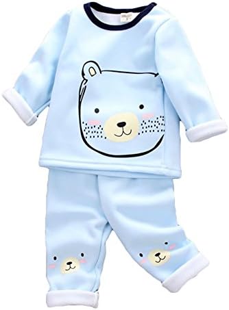 Juleya 2 Pieces Newborn Baby Cotton Fleece Pajamas Winter Warm Long Sleeve Sleepwear for 0-4 Years Old Kids Blue Bear 80cm
