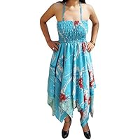 Mogul Interior Womens Halter Dress Blue Recycled Sari Handkerchief Hem Resort Party Dress S/M