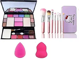 Preyansh Fashion Makeup Kit - 10 Eye Shadows Palette 4 Lip Colour 2 Compact Powders 2 Blushers With 7Pcs Makeup Brush Set(Pink) And 2Pcs Blender Puff