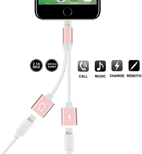 Adapter for iPhone 7, Jiadou Dual Lightning Splitter Cable with Charging and Audio for iPhone, Support Call, Charging and Music Control, Dual Lightning Adapter Compatible with iOS 11 (Rose gold)